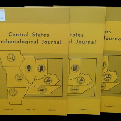 Sale Photo Thumbnail #80: SET OF 1974 CENTRAL STATES ARCHAEOLOGICAL JOURNALS. FULL OF TONS OF GREAT PICS & ARTICLES ON PALEO CLOVIS, FLINT EFFIGIES, CANNEL COAL RELICS, DOUBLE TIPPED ARROWHEADS, BIRDSTONES, AXES, BANNERSTONES, DOVETAILS, CADDO POTTERY, THEBES, ETC.