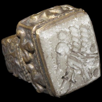 Sale Photo Thumbnail #718: Nice Roman Viking Engraved Intaglio Seal Ring, Bronze with Stone Intaglio Inset.