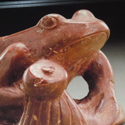 Sale Photo Thumbnail #772: Framed 8 1/2" x 11' Picture of the Cahokia Rattler Frog Effigy Pipe. Originally found in 1887 by W. McAdams on the bluffs of East St. Louis.