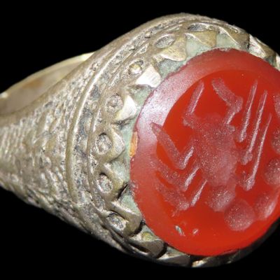 Sale Photo Thumbnail #674: Nice Roman Viking Engraved Intaglio Seal Ring, Bronze with Stone Intaglio Inset.