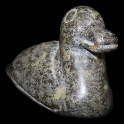 Sale Photo Thumbnail #439: 2 3/4" Pre-Columbian Olmec Duck Effigy Pendant, Guatemala. Heavily Polished Dark Green Jadeite or Serpentine.