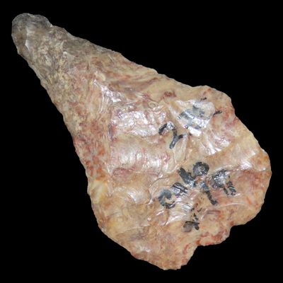 Sale Photo Thumbnail #394: Pentagonal Mule Ear Knife found in Colorado, Petrified Wood or Agate Matieral. Great Patina.