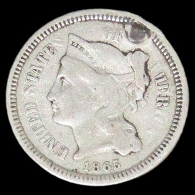 Sale Photo Thumbnail #907: 1865 Civil War Era 3 Cent Nickel, Three Cent Piece. Old Obsoloete U.S. Coin. Holed.