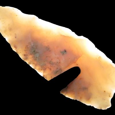 Sale Photo Thumbnail #751: Amazing Mini Fluted Paleo Bird Point, Madison Co. Illinois. Angostura / Clovis era Arrowhead, Indian Artifact. Translucent & well patinated.