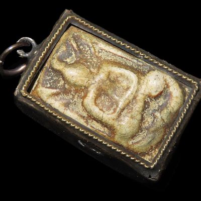 Sale Photo Thumbnail #741: Antique Chinese Carved Stone Religious Buddha Pendant, Wrapped in Bronze Bezel, Great Vintage Piece of Jewelry