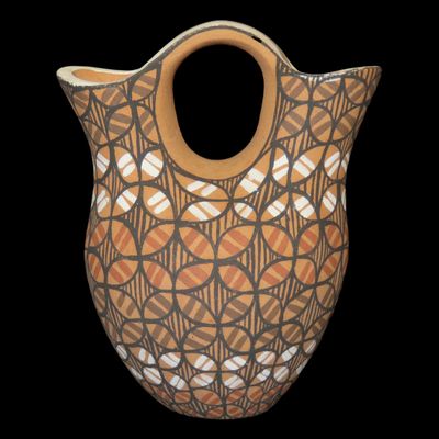 Sale Photo Thumbnail #412: Beautiful Southwest Pueblo / Jemez Indians Pottery Wedding Vase / Jar / Bowl. Original Hand Painted Example. Signed on Bottom.