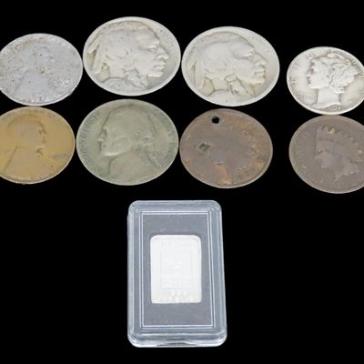 Sale Photo Thumbnail #859: U.S. Coin Lot, Indian Head Pennies, Mercury Dime, Buffalo Nickels, Silver Wartime Nickel, Steel Wheat Cent, 1 Gram Silver Bar. Nice group of coins.