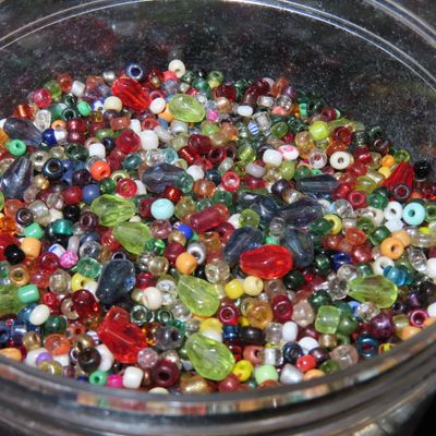 Sale Photo Thumbnail #830: Old Jar Full of 1000's of Colorful Trade Beads. Columbia River, Oregon Area