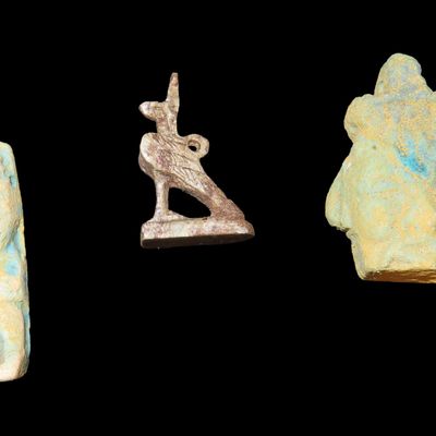 Sale Photo Thumbnail #813: Lot of 3 Egyptian Effigy Pendants / Amulets, Faience, Nice Examples with nice Original Paint & Great Patina