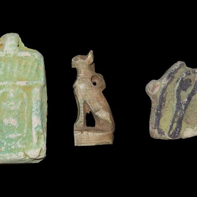 Sale Photo Thumbnail #821: Lot of 3 Egyptian Effigy Pendants / Amulets, Faience, Nice Examples with nice Original Paint & Great Patina