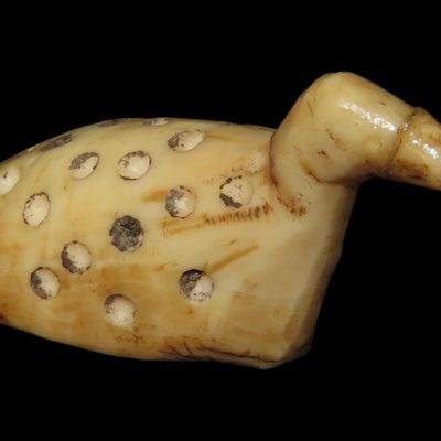 Sale Photo Thumbnail #78: Amazing Alaskan Carved Bird Effigy Game Piece / Pendant. Numerous tap drilled holes for decoration. One perforation for suspension. Nicely Polished example. Broken and tightly glued at beak. Ex Paul & Mary Thiry Collection. Pictured in "Eskimo Artifacts D