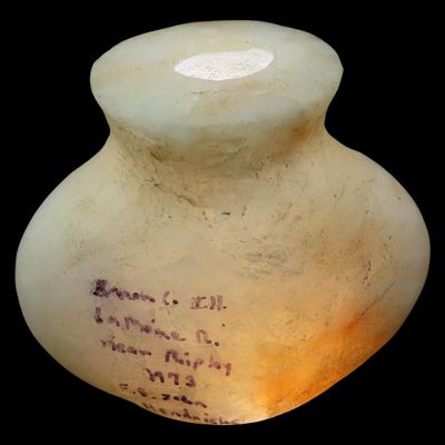 Sale Photo Thumbnail #35: Amazing 2 3/8" Quartz Bottle Bannerstone, Brown Co. Illinois. Motley COA. Found near Ripley along the LaMoine River in 1973 by John Hendricks. Anciently Salvaged on one ene. Great Polish