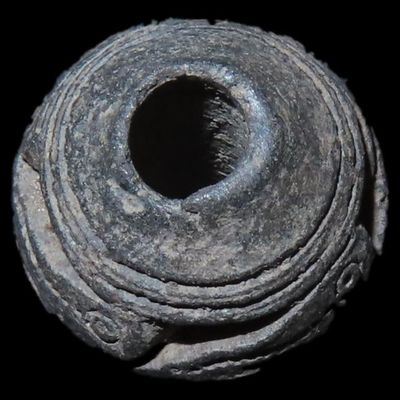 Sale Photo Thumbnail #349: Amazing Bird Effigy Bead, Pre-Columbian, Intricately Carved with 4 Bird Heads around the sides.