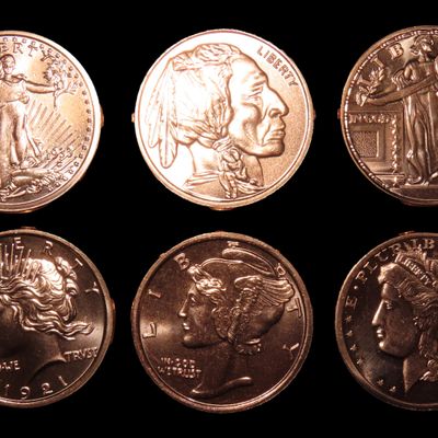 Sale Photo Thumbnail #979: Lot of 5 One Ounce Copper Coins. All Different. Morgan Dollar, Peace Dollar, Mercury Dime, Buffalo Nickel, St Gaudens $20 Gold, Standing Liberty Quarter, Walking Liberty Half Dollar, Seated Liberty Silver Dollar. All Are Solid Copper 1 Ounce Per Coin.