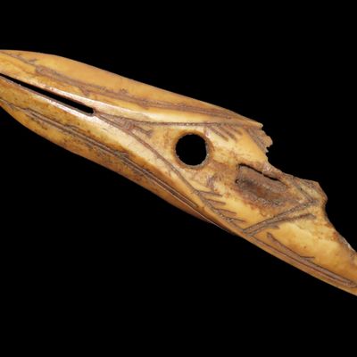 Sale Photo Thumbnail #6: Impressive 3 5/8" Engraved Alaskan Harpoon found along the Bering Straight of Alaska. Meticulously Engraved on both sides with great polish & Heavy Patination.