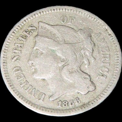 Sale Photo Thumbnail #740: 1866 Three Cent Coin, Better Condition, Nice Original Details, Early Obsolete U.S. Coins, United States Currency