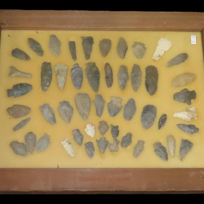 Sale Photo Thumbnail #217: 24" x 18" Frame full of Arrowheads found in Wayne & Hardin County Tennessee by Boyd Cole. Indian Artifact Collection, Knife, Blade, Spear.