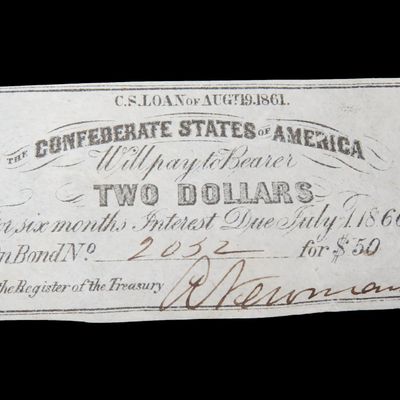 Sale Photo Thumbnail #728: Civil War Confederate States $2 Bond Note, Dated August 19th, 1861. Original Hand Signed Document from the Time Period. Great Piece of American History