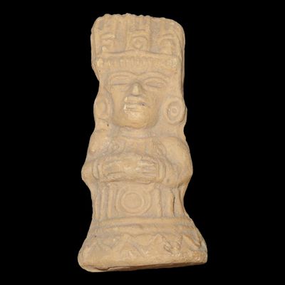 Sale Photo Thumbnail #431: Oustanding 3 3/4" Pre-Columbian Aztec Pottery Human Effigy Figure. Highly detailed example. Elaborate Headdress, Large Ear Spools, well designed clothing.