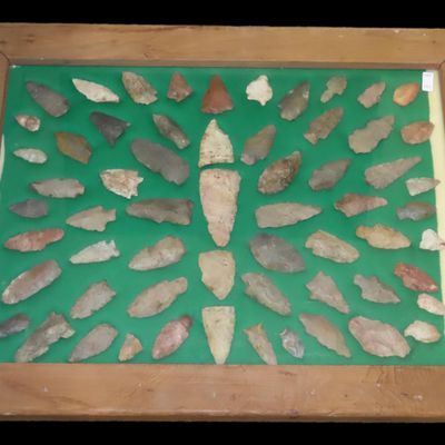 Sale Photo Thumbnail #201: 24" x 18" Frame full of Arrowheads found in Wayne & Hardin County Tennessee by Boyd Cole. Indian Artifact Collection, Knife, Blade, Spear.
