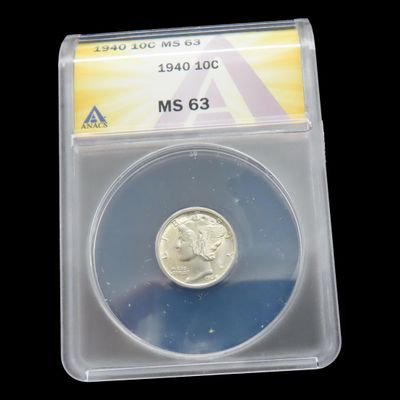 Sale Photo Thumbnail #839: HIGH GRADE 1940 Mercury Dime, ANACS MS-63, Professionally Slabbed & Graded, Amazing Brilliant Uncirculated Condition, Early U.S. Silver Coin.