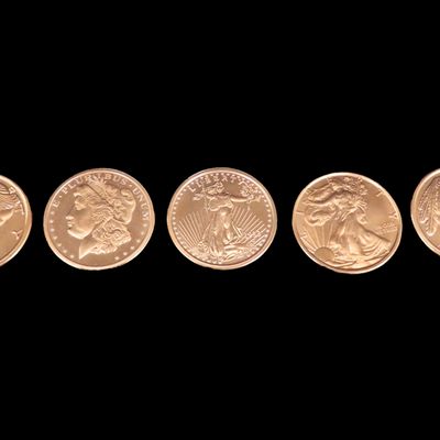Sale Photo Thumbnail #978: Lot of 6 One Ounce Copper Coins. All Different. Morgan Dollar, Peace Dollar, Mercury Dime, Buffalo Nickel, St Gaudens $20 Gold, Standing Liberty Quarter, Walking Liberty Half Dollar, Seated Liberty Silver Dollar. All Are Solid Copper 1 Ounce Per Coin.