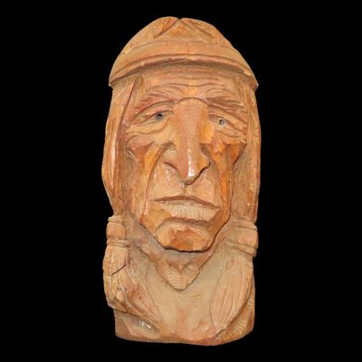 Sale Photo Thumbnail #943: 19" Tall Hand Carved Indian Chief Statue / Bust, Wood. Man Cave Decoration, Wall Hanger on back or Flat Bottom amd Stands up nicely on its own.