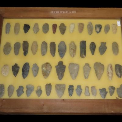Sale Photo Thumbnail #297: 24" x 18" Frame full of Arrowheads found in Wayne & Hardin County Tennessee by Boyd Cole. Indian Artifact Collection, Knife, Blade, Spear.