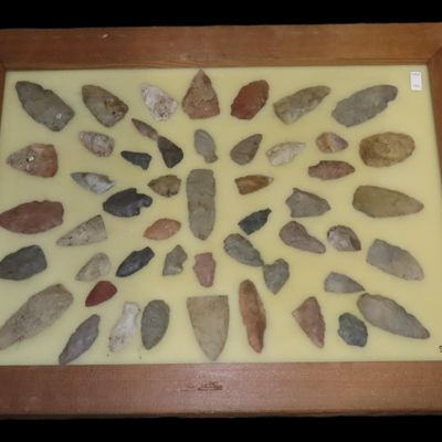 Sale Photo Thumbnail #185: 24" x 18" Frame full of Arrowheads found in Wayne & Hardin County Tennessee by Boyd Cole. Indian Artifact Collection, Knife, Blade, Spear.