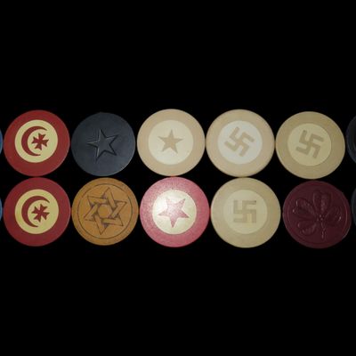 Sale Photo Thumbnail #881: Lot of Early Poker Chips, 1800's, Vintage Gambling Casino Saloon Wild West Era Tokens, Swastika Design
