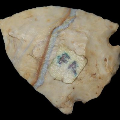 Sale Photo Thumbnail #205: Colorful Blue Lightning Streak Kirk Corner Notch found in Pasco County, FL. Ex Brian Boles Collection. Deep South Arrowhead.