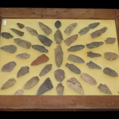 Sale Photo Thumbnail #281: 24" x 18" Frame full of Arrowheads found in Wayne & Hardin County Tennessee by Boyd Cole. Indian Artifact Collection, Knife, Blade, Spear.
