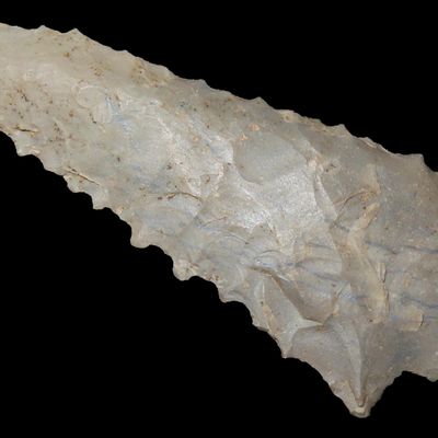 Sale Photo Thumbnail #634: 2 3/4" Serrated Kirk Stemmed found in Breckenridge Co. Kentucky, Indian Arrowhead, Artifact.