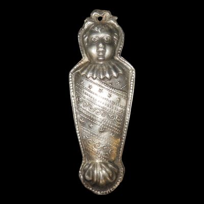 Sale Photo Thumbnail #326: 7 1/4" Vintage 1800's Silver Ex Voto Milagro Pendant. Colonial Era Religeous Offerings for Well Being, Healing, or Giving Thanks for a Miracle. This one is Silver.