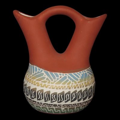 Sale Photo Thumbnail #356: Beautiful Southwest Navajo Indians Pottery Wedding Vase. Original Hand Painted / hand Etched Example. Signed on Bottom.