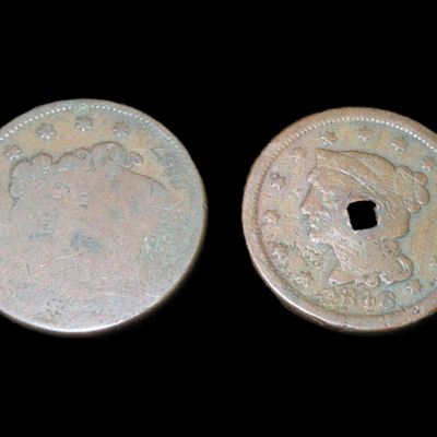 Sale Photo Thumbnail #750: Pair of U.S. Large Cents, 1846 & 1837. Two different styles of early coinage, both with some damage.
