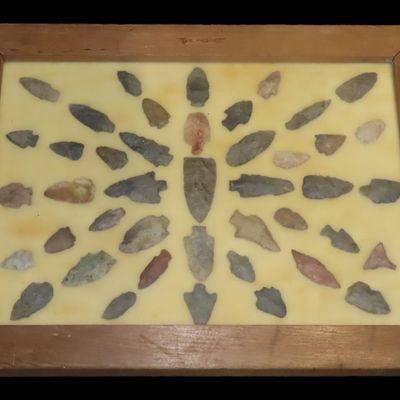Sale Photo Thumbnail #105: 24" x 18" Frame full of Arrowheads found in Wayne & Hardin County Tennessee by Boyd Cole. Indian Artifact Collection, Knife, Blade, Spear.