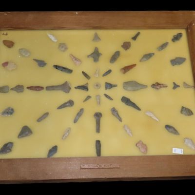 Sale Photo Thumbnail #169: 24" x 18" Frame full of Arrowheads found in Wayne & Hardin County Tennessee by Boyd Cole. Indian Artifact Collection, Knife, Blade, Spear.