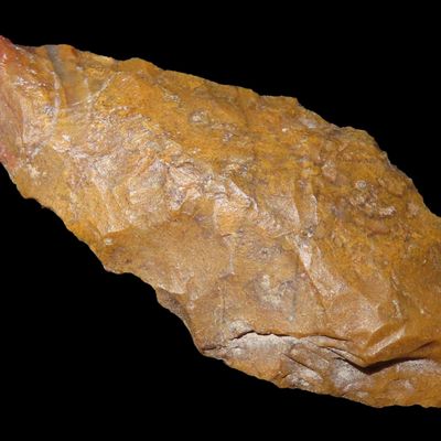 Sale Photo Thumbnail #602: Beautiful Red & Orange Bi-Point Blade / Arrowhead from Colorado. Appears to be made from Fossilized Bino Bone. Colorful Example.