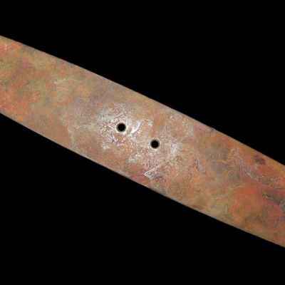 Sale Photo Thumbnail #51: Rare 5 7/8" Hopewell Copper Gorget, Licking Co., OHIO. Motley COA. Ex Gilbert Dilley Collection. Incredibly rare artifact, great patina. Shows the hammering and folding technique nicely.