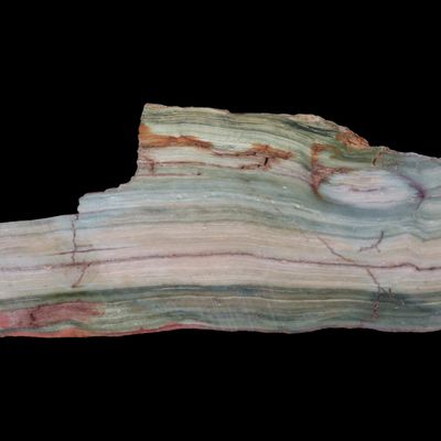 Sale Photo Thumbnail #542: Rare Green & Blue Petrified Wood Slab, 8 3/4" long, Oregon Bogwood, Vibrant Greens & Blues mixed with Tan & Brown with hints of Red & White. Much Harder to Find Color Pattern