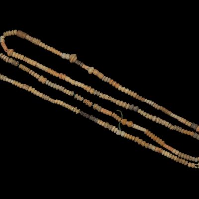 Sale Photo Thumbnail #717: 21" Long Egyptian Mummy Bead Necklace W/ Amulet. Stone & Faience Beads, Egypt Amulet is likely Sakhmet or Apis. 1085-730 BC