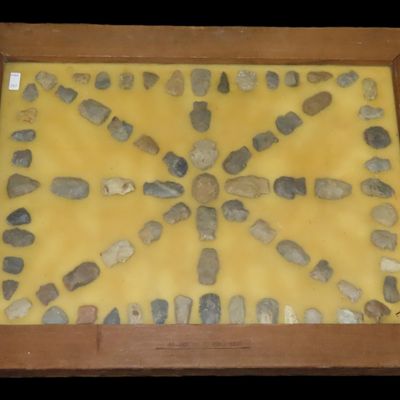 Sale Photo Thumbnail #287: 24" x 18" Frame full of Hafted Scrapers / Arrowheads found in Wayne & Hardin County Tennessee by Boyd Cole. Indian Artifact Collection, Knife, Blade, Spear.