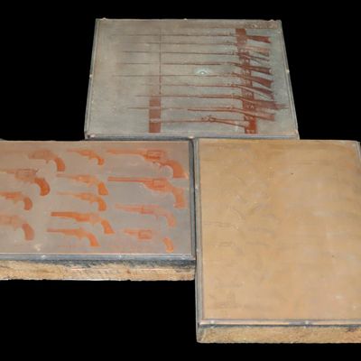 Sale Photo Thumbnail #664: Lot of Antique Copper Printing Plates with Guns, Pistols, Colts, Revolvers, etc. Used in Rev. Heike's Book on guns.
