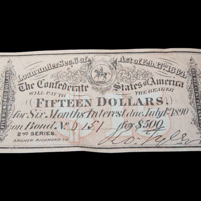 Sale Photo Thumbnail #686: Civil War Confederate States $15 Bond Note, Dated Feb. 17th, 1864. Original Hand Signed Document from the Time Period. Great Piece of American History