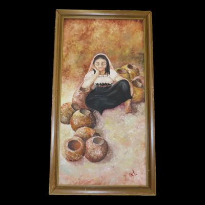 Sale Photo Thumbnail #945: Vintage 1966 Raus Oil Painting by Emil Rau of Southwest Navajo / Hopi Indian Woman with Pots / Ollas. Nicely Framed. 32 1/2" by 17 1/2".