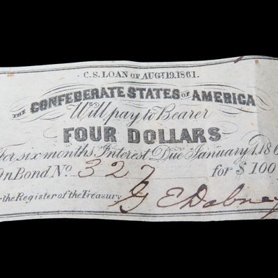 Sale Photo Thumbnail #714: Civil War Confederate States $4 Bond Note, Dated August 19th, 1861. Original Hand Signed Document from the Time Period. Great Piece of American History
