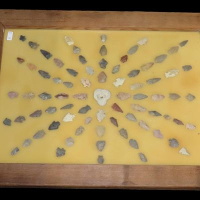 Sale Photo Thumbnail #137: 24" x 18" Frame full of Arrowheads found in Wayne & Hardin County Tennessee by Boyd Cole. Indian Artifact Collection, Knife, Blade, Spear.