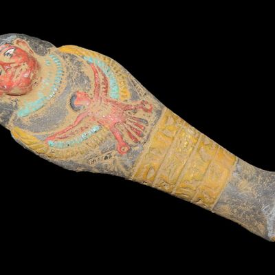 Sale Photo Thumbnail #657: 3 3/4" Egyptian Ushtabi / Shabti 1085-730 BC, Faience, Nice Example with nice Original Paint & Great Patina