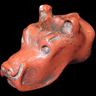 Sale Photo Thumbnail #27: 2 1/2" Historic Catlinite Effigy Pipe from the Midwest. Motley COA. Incredible Aartistic Design, Amazing Polish. Heavy No Brainer Patina & Use Wear. Cane Drilled eyes to leave the raised Pupil. Very Detailed Nose & Mouth, Ears & Eyes. Just a great Example